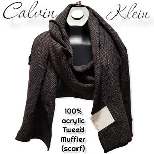 Calvin Klein women's acrylic tweed knit scarf black charcoal O/S style# 77108